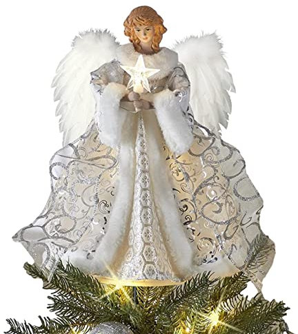 Kaxenig Christmas Tree Angel Topper, Angel Tree Top With LED Lights, Christmas Angel Tree Topper With White Feather Wings, Angel Christmas Tree Top Ornament, For Christmas Tree Decoration