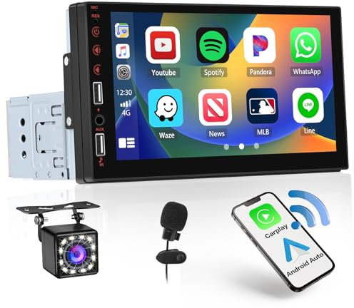 Hikity Radio Coche 1 DIN con Pantalla Táctil de 7 Pulgadas, CarPlay Inalámbrico/Android Auto Inalámbrico, Radio de Coche con Bluetooth Radio FM Enlace Espejo SWC Dual USB + Cámara Trasera