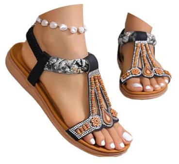 Onsoyours Sandales Femme d'été Sandales Perlées Plate Bout Ouvert Léger Flip Flop Boho Romaines Sandale Confortables Chaussures Nu-Pieds De Décontracté Plage A Noir 41 EU