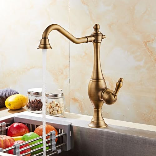 ZYCDP Grifos Cocina Fregadero Vintage, Grifo Cocina Monomando 360 Grados Latón Antiguo Grifos de Cocina agua Fría y Caliente