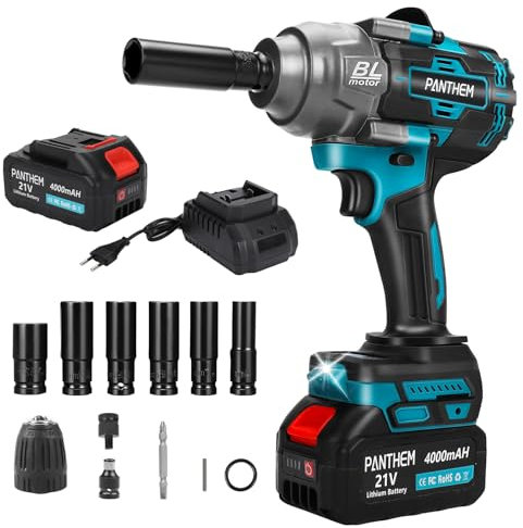 Avvitatore A Impulsi Brushless 1000Nm 21V 1/2 Elevata Avvitatori a Massa,Chiave a Urto Elettrica Adattatore Avvitatore a Percussione Con Batteria 4000mAh Bussole incluse per Avvitare e Svitare