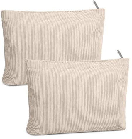 FITDON 2PCS Makeup Bag Zipper Pouch Travel Cosmetic Bags Organizer for Women Small Corduroy Make Up Bag Toiletry Bag, Beige
