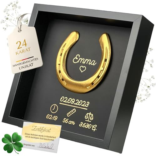 Thiger Personalisiertes Geschenk Geburt - Glückshufeisen im Bilderrahmen | Personalisierte Geschenke zur Geburt | Baby Geschenk Mädchen & Junge (Vergoldet/Schwarz)