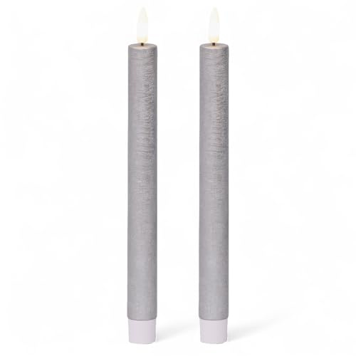MIJOMA LED-Echtwachskerze mit realistischer Flamme, Timer und batteriebetrieb | Indoor LED-Kerze mit warmweißem Licht | Natürliche Optik (Silber - matte Oberfläche, Ø2cm x 24cm)