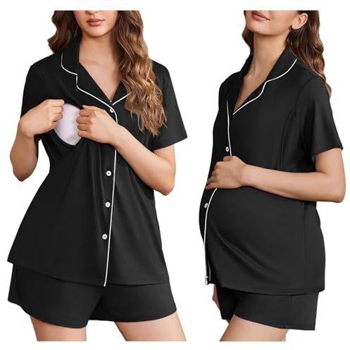 Ekouaer Women's Maternity Nursing Pajama Sets Button Down Postpartum Pajamas Short Sleeve Breastfeeding Clothes Black