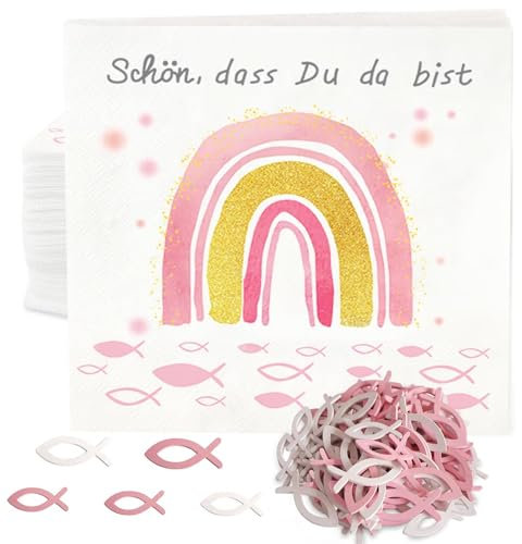 Servietten Taufe Deko,32 Servietten Konfirmation Regenbogen Fisch Rosa+60 Holz Fische Taufdeko Mädchen, 'Schön, dass du da bist!' 3-Lagig Papierservietten Kommunion Tischdeko 33x33cm