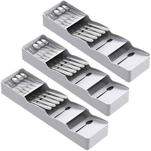 Lifewit 3 Stück Besteckkasten für Schubladen, Besteckkasten Klein für die Küche, Tiefe 40 cm, Schubladen Organizer Küche, Besteckkorb Besteck Organizer aus Kunststoff für Löffel/Gabeln/Messer, Grau
