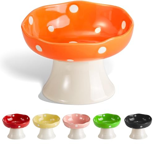 Gamelle surélevée en céramique pour chat en forme de champignon - Gamelle surélevée et peu profonde pour éviter la fatigue des moustaches - Gamelle antidérapante pour chat de petite taille