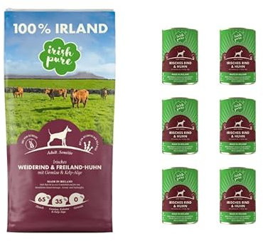 Irish Pure Adult Weiderind + Freiland-Huhn - Hundefutter - 1x12kg + 6x390g – getreidefreies Trockenfutter & Nassfutter – 100 % natürliche Zutaten – mit Kelp-Alge – für ausgewachsene Hunde - Sparpaket