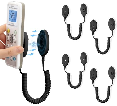 4-Pack Magnetic Remote Control Holders with Spring Ropes - Safely Secure Remotes & Small Items, Wall-Mount with Adhesive, Anti-Loss, Rapid Adsorption, Extendable Spring (Black 43 inch, 4 pack)