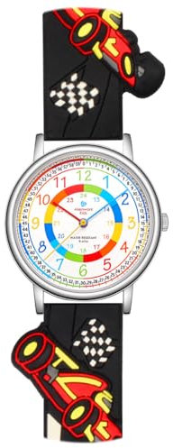 Alienwork Kids Lernuhr Kinderuhr Jungen Uhrzeit Lernen Silber Kautschuk-Armband Schwarz Mehrfarbig Kinder-Uhr Wasserdicht 5 ATM Zeit Lernen