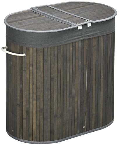 HOMCOM Cesto de la ropa de bambú con tapa 100L colector de ropa con asas, 2 bolsas de ropa extraíbles, clasificador de ropa caja de lavandería para lavadero, baño, dormitorio, gris