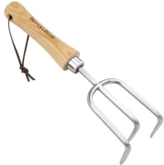 Berry&Bird Garten Handkultivator, Edelstahl Handheld Triple Claw Handrechen mit ergonomischem Holzgriff und Lederband, Handheld Garten Tilling Tool zum Jäten, Drehen des Bodens, Kultivieren