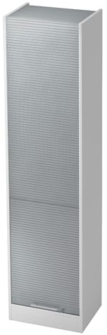 bümö Rollladenschrank in Weiß/Silber mit Relinggriff - Vertikal Jalousieschrank 50 cm breit, Aktenschrank abschließbar, Büroschrank für Ordner & Co.