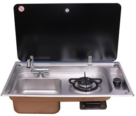 KMLai Gasherd Spüle Kombination mit Abdeckung, Einteiliger Edelstahl Universal Outdoor Gasherd für Boot Wohnwagen RV Camper