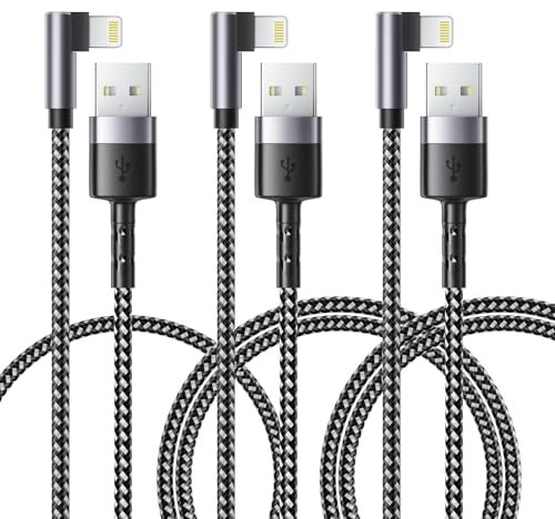 90 Degree Short USB-A to Light-ning Charging Cable [3Pack /15cm+30cm+30cm], Data Sync Right Angle Lighning Cable Nylon Braided Fast Charger Cord for iPhone 14 13 12 11 Plus Pro Max Xs Xr X 8 7 6 iPad