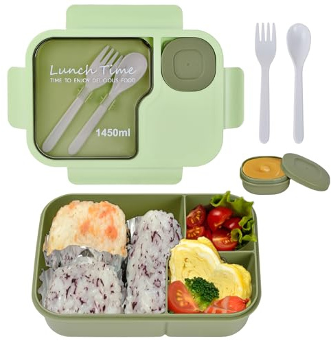FESSOSKO Fiambrera con Cubiertos y Recipiente para Salsas, Bento Box con 3 Compartimentos, Lunch Box Antifugas, Lonchera para Niños y Adultos, Ideal para Escuela, Trabajo o Picnic – Verde