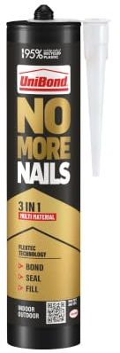 UniBond No More Nails 3 in 1 Construction Adhesive, White, 280 g | Bonds, Seals and Fills, Multi-Material Use on Wood, Metal, Glass, Indoor and Outdoor Sealant, Cartridge Format