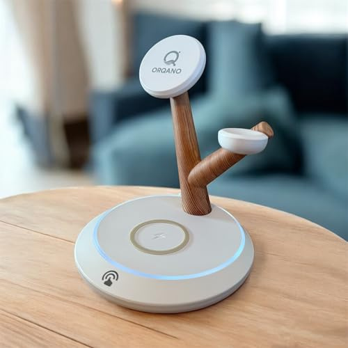 ORQANO 4-in-1 magnetische Wireless Ladestation für iPhone, Watch, AirPods und USB-C Out, Holzdesign, mit Ambientlicht (Weiß)