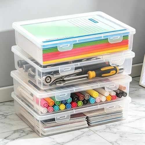 ENUTROF Aufbewahrungsbox A4 mit Deckel Kunststoffbox Dokumentenbox Aktenbox | 4STK Plastikbox Plastic Storage Transparente Papieraufbewahrung Mehrzweck-Aufbewahrungsbox für Dokumente Briefe Sammelalben