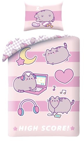 Halantex Bettwäsche-Set PUSHEEN die Katze HIGH SCORE - Bettbezug 140 x 200 cm mit Kissenbezug 70 x 90 cm - Mikrofaser - Rosa