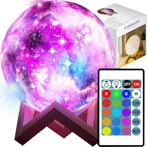 Retoo 3D Mondlampe 15 cm, 16 Farben, Fernbedienung, Touch, USB-Ladung | Kabelloser Akku, 2–4 Std. Ladezeit, Holzständer, PVC und ABS, für Kinderzimmer, Schlafzimmer, Wohnzimmer