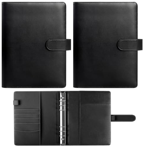 IETWATE Ringbuch A5 Nachfüllbar 6 Ringe 2 Stück Leder Notizbuch A5 Blanko | PU Notizbuch Binder A5 Schwarz Tagebuch Collegeblock mit Bindertaschen Ringbuch für Schulnotizen Reisearbeit und Organizer