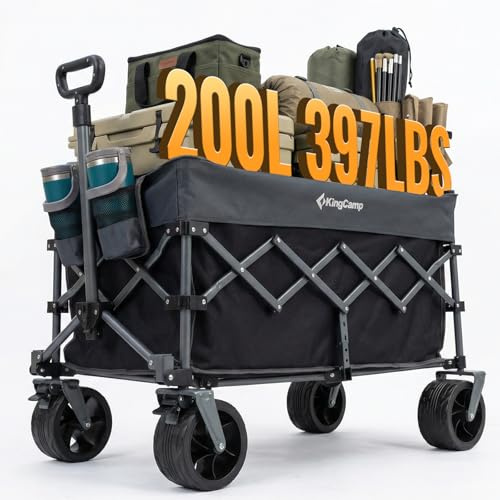 KingCamp 200L Faltbarer Bollerwagen mit 180kg Tragkraft & 7 in Breitreifen | Ultrakompaktes 4-Wege-Faltsystem, selbststehendem Griff für Strand, Camping, Shopping & Garten