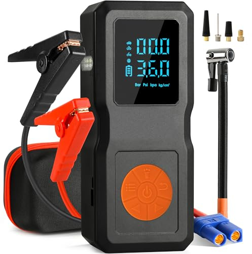 Démarreur de batterie de voiture avec compresseur d'air, kit de démarrage portable adapté aux véhicules à essence et diesel de 1,5 à 8 L (toutes les batteries 12 V), gonflage rapide des pneus et
