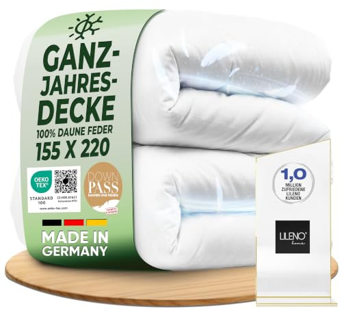 LILENO HOME Daunendecke 155x220 cm mit Federn [1er Pack] | Ganzjahres Bettdecke 155x220 cm für einen erholsamen Schlaf - waschbar bis 60 C - Allergiker Steppdecke - medium Decke