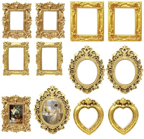 Crunier 10 Stück Mini Bilderrahmen Vintage Gold,Kleine Bilderrahmen Mini | Miniatur Frames,Kleine Retro Fotorahmen,Barock,für Fotowanddekoration,Desktop-Dekoration,Schmuckpräsentation