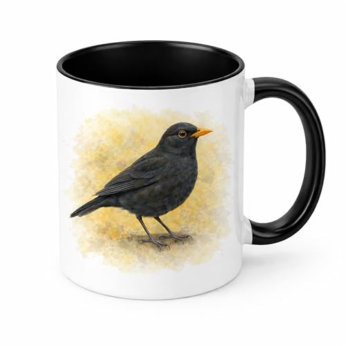 Brew Crew Gifts Blackbird Watercolour Ceramic Mug, 11oz, Dishwasher and Microwave Safe, British Garden Bird Design, Wildlife Art Theme (Black)