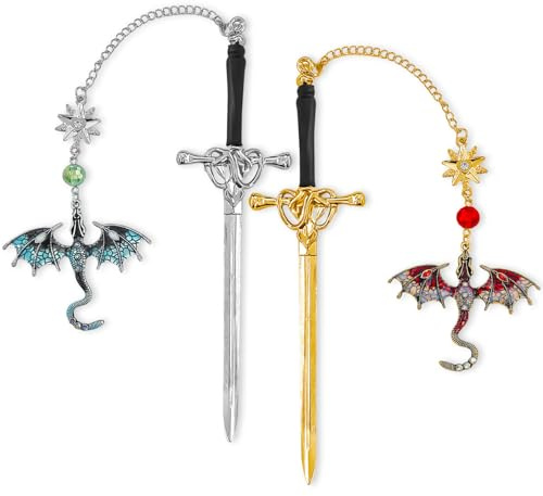 2er-Pack Drachen-Lesezeichen – Vintage-Lesezeichen aus Metall mit Schwert und Quaste, gotisches Design, perfektes Geschenk für Bücherliebhaber, Schüler und Lehrer (Himmelblau + Rot)