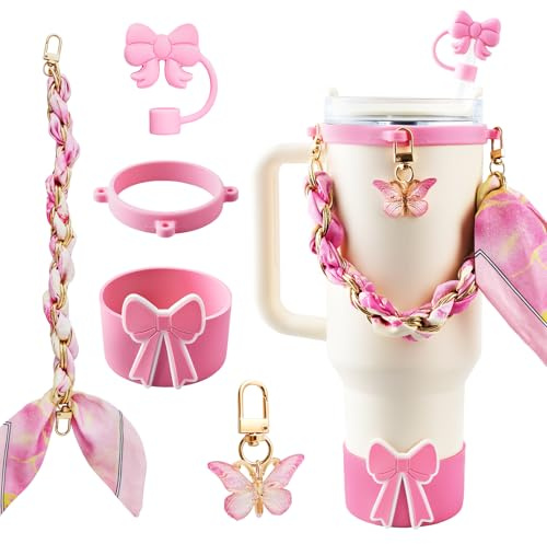 OFFCURVE Accessories Set for Stanley Cup 5PCS Charms for 30/40oz Tumbler | include Silicone Boot Boho Woven Handle Strap Straw Cover Cap for Stanley Cup