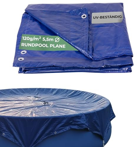 STREND PRO Pool Abdeckplane Ø5,5m – Wasserdicht mit Ösen | Winterabdeckung 120g/m² | Gewebeplane blau | UV-beständig | Poolabdeckung | Regenplane | Abdeckfolie Garten | Runde Poolabdeckung