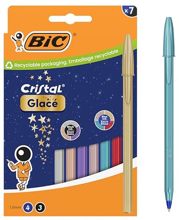 BIC Cristal Glacé Stylos-Bille Pointe Moyenne (1,00 mm) Cartouches d’encre rechargeables - Couleurs de corps et d'encres assortis, boîte de 7