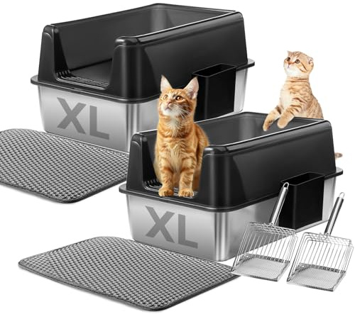 Marchul 2PACK Cat Litter Tray, XL Stainless Steel Litter Boxes 60x40x31CM, Extra Large, Anti-Urine Leakage, Non-Sticky, Easy to Clean, Anti-scratch, (Includes Metal Scoop and Mat)