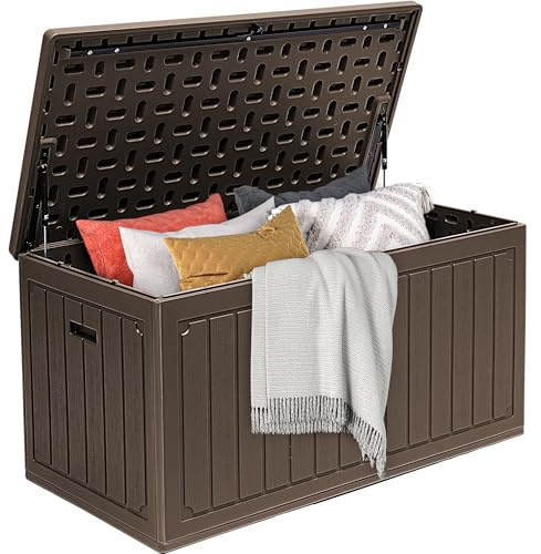 DWVO 340L Resin Aufbewahrungsbox für Außen, Doppelwandige wasserdichte Gartenbox mit Holzmaserung, Abschließbare Aufbewahrungsbox als Tisch oder Sitzbank (204 kg Belastbarkeit) – Braun