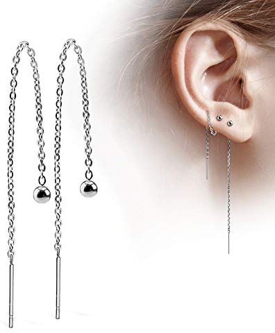 Treuheld® | SILBERNE OHRSTECKER mit KETTE - Edelstahl Ohr-Ringe in Silber mit Kugel - glänzende Ohrhänger für Damen und Kinder - sehr elegant - ohne Verschluss