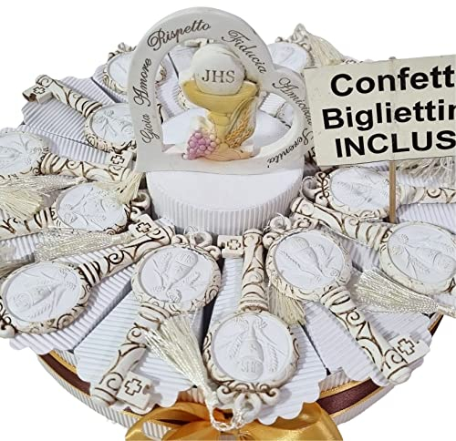 Sindy Bomboniere: Torta Porta Confetti Chiavi con Calice (Torta 14 fette Chiavi Comunione) - Originali, Economiche, Unica forma a torta - Oro - 7 cm x 7 cm