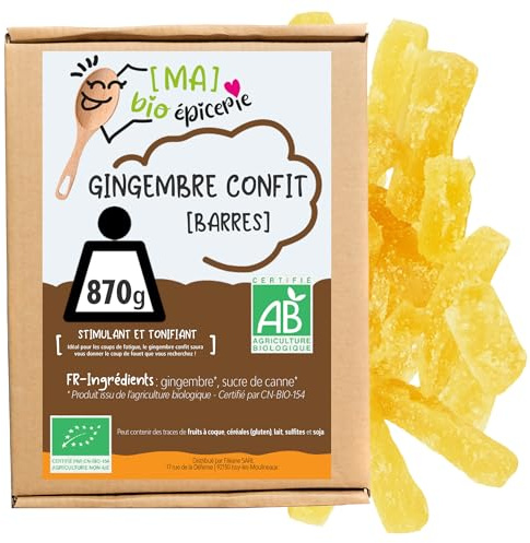 [MA] bio-épicerie - Gingembre confit BIO en barres 870 g – Sachet vrac – Confiserie naturelle à base de gingembre – Idéal pour dégustation et partage