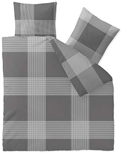 CelinaTex Touchme Biber Bettwäsche 200 x 200 cm 3teilig Baumwolle Bettbezug, Set, Bettgarnitur für Sommer und Winter, ganzjährig, pflegeleicht, Stine Karo grau anthrazit