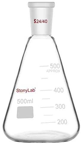 StonyLab Glass 24/40 Erlenmeyer Flask, Borosilicate Glass Heavy Wall Flask with 24/40 Standard Taper Outer Joint, 500ml