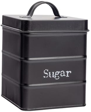 Harbour Housewares Metal Sugar Canister - Black - Pack of 1 - Retro Kitchen Storage Sweetener Granular Sugar Caddy Preserve Food Tin Bin Container Jars Airtight Lid