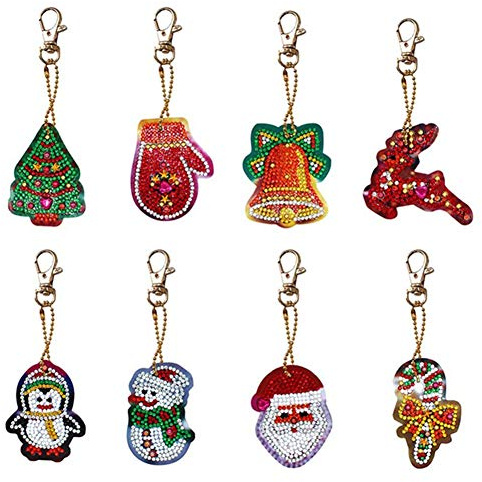 Weihnachten Diamant Malerei Schlüsselbund 8 Stück, 5D Diamant Malerei DIY Schlüsselanhänger Anhänger Weihnachtsbaum Weihnachtsmann Schneemann Schlüsselring Tasche Tasche Telefon Telefon Charme