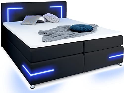 wonello Boxspringbett 180x200 LED Beleuchtung - gemütliches Bett mit LED Beleuchtung - Lights 2.0 Doppelbett 180x200 cm schwarz mit Matratze und Topper