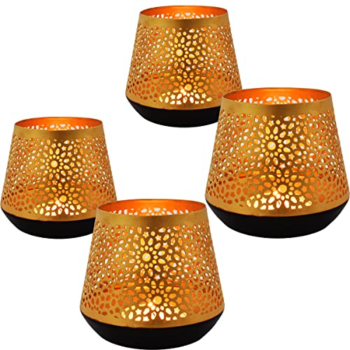 4er Set Orientalische goldene Laterne Windlicht Ceuta 12cm | Marokkanische Gold Gartenlaterne für draußen Innen als Tischlaterne | Marokkanisches Gartenwindlicht hängend oder zum hinstellen