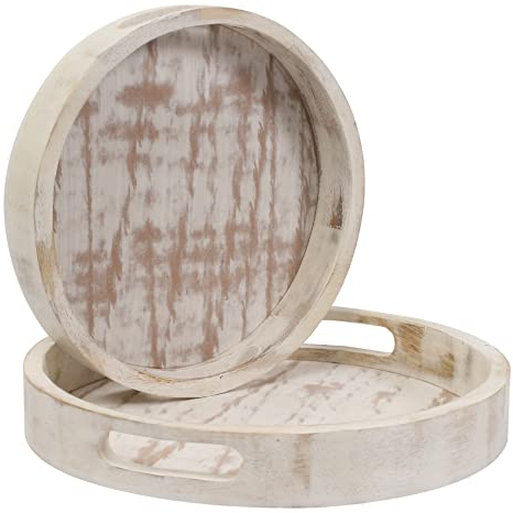 Dekoratives Couchtischtablett 2er Set Weiß, Holz Rund Serviertablett für Wohnzimmer, Rundes Holztablett für Ottomane oder Beistelltisch, Holzbrett oder Käseplatte, Holz Obsttablett Körbe