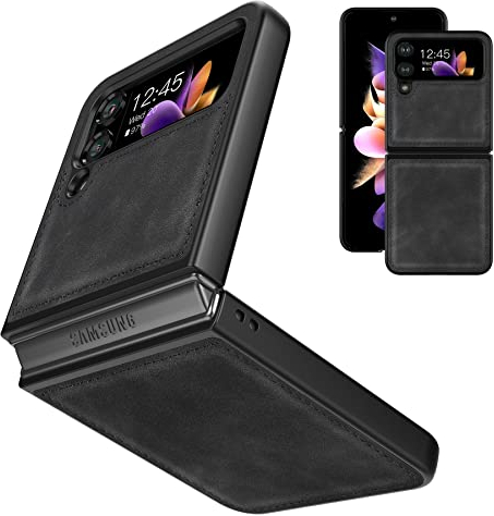 Eastcoo Slim Fit Hülle für Samsung Galaxy Z Flip 4 5G(2022), [PU Leder + Harte PC Rücken] [Kabelloses Laden] Ultra-dünn Stoßfest Schutzhülle Galaxy Z Flip 4 5G Hülle, Schwarz