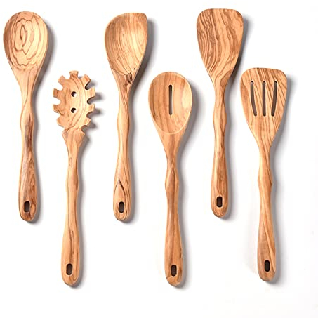 Gudamaye Lot de 6 ustensiles en bois d'olivier de 30,5 cm pour la cuisine, cuillères en bois d'olivier naturel pour la cuisine, ensemble d'ustensiles de cuisine en bois d'olivier naturel